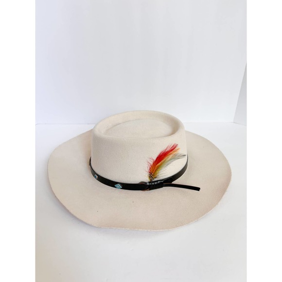 DOUBLE EE BRAND Women's Cream Wool Flat Brim Hat w/ Faux Leather Band size M - Picture 1 of 9